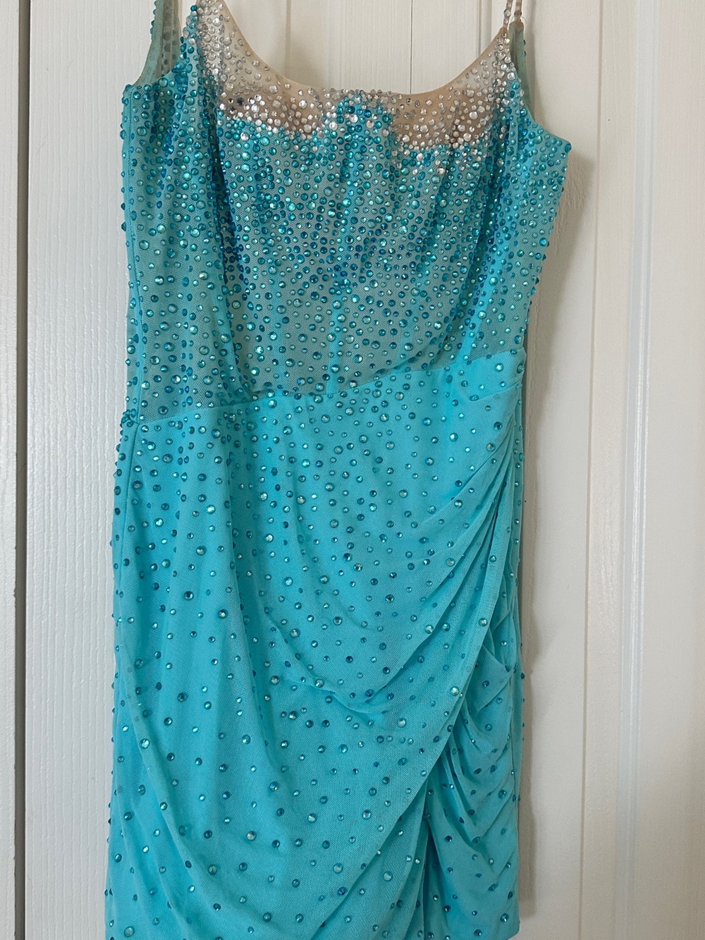 Ashley Lauren homecoming Beaded Turquoise Mini Dress with Illusion Neckline 4